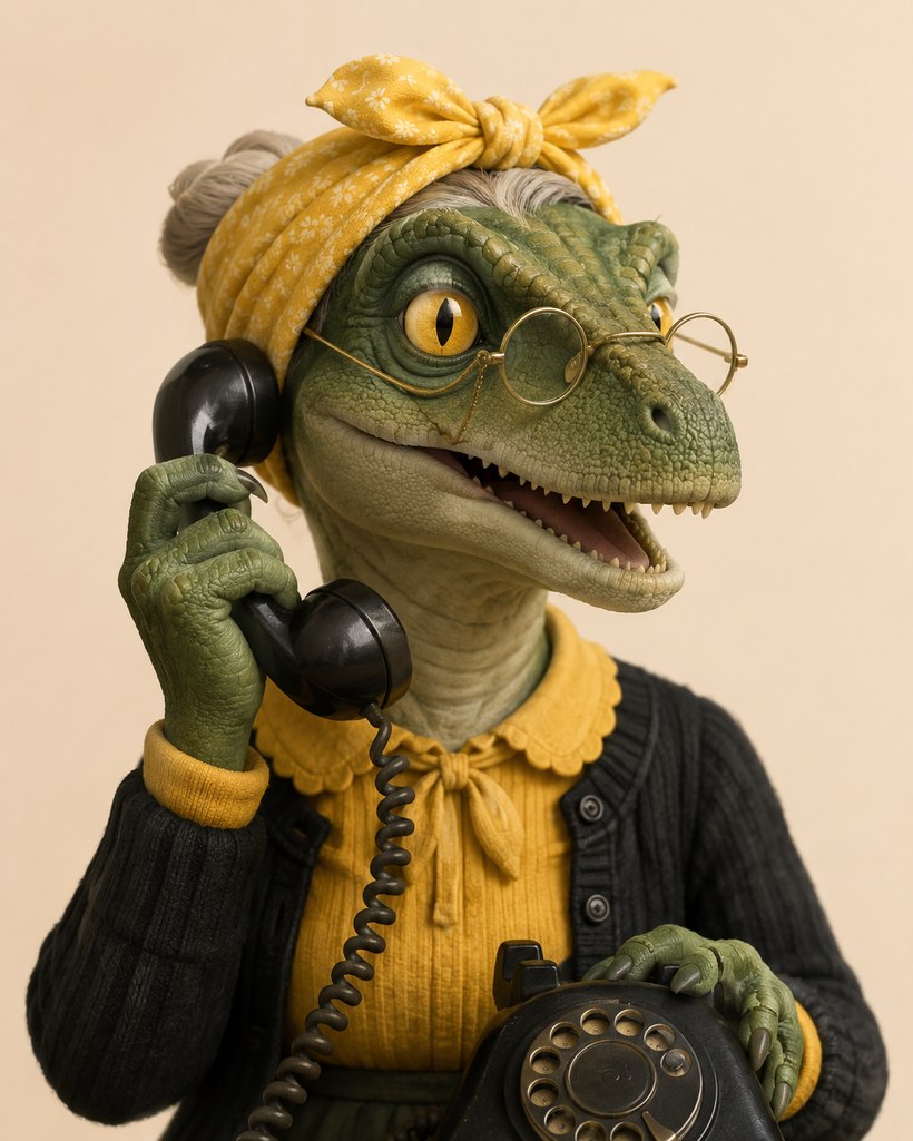 Hautense, the old velociraptor lookout, on her bakelite handset