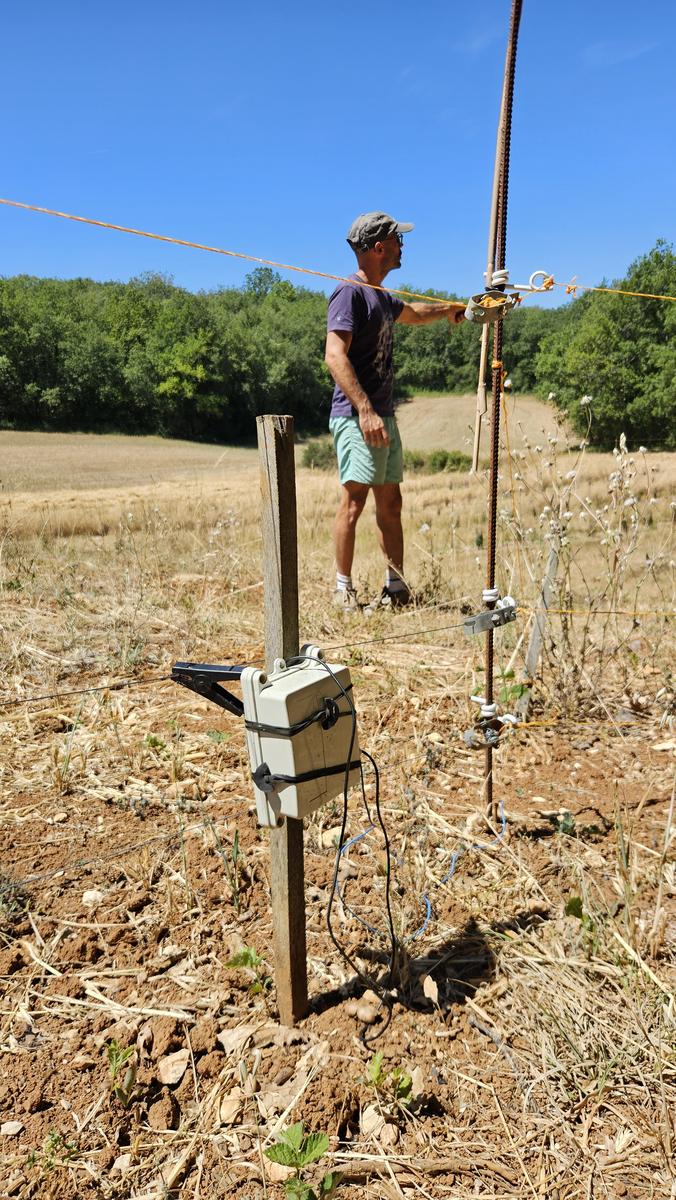 Hautense monitor in place on a fence, farmer at work, summer