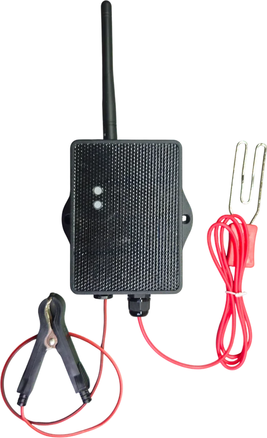 Le capteur de clôture Hautense, antenne en haut, avec son crochet et sa pince